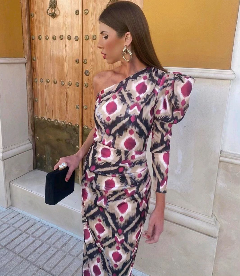 Elle - Purple Puff One-Shoulder Midi Dress