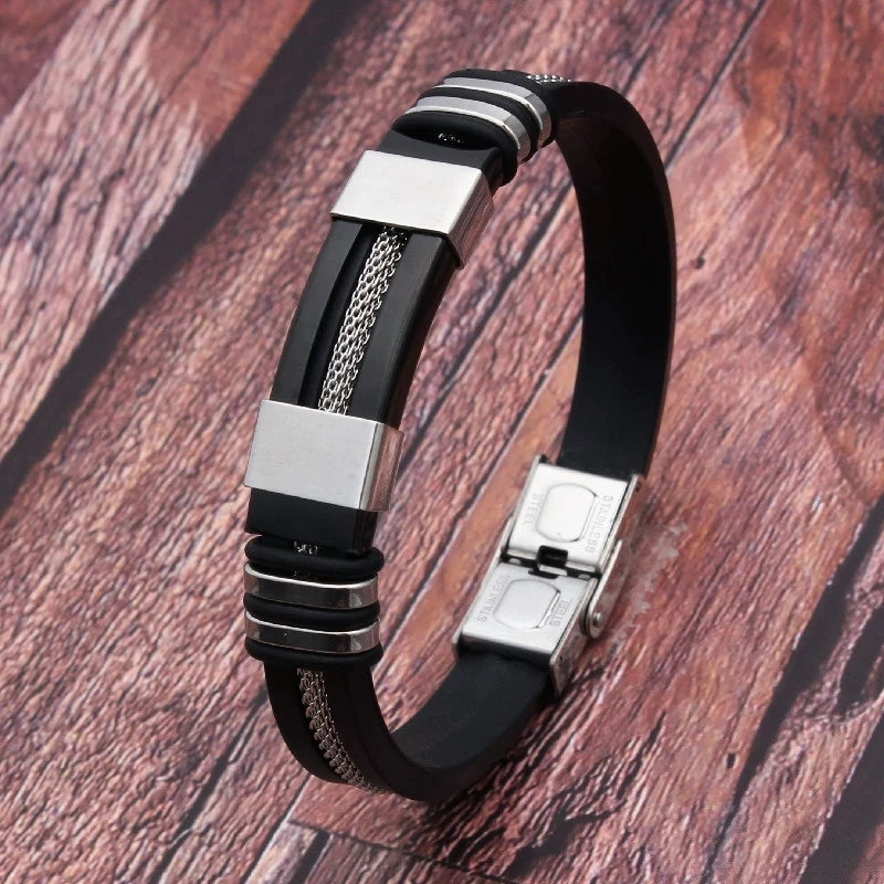 Bracelet en acier inoxydable et cuir siliconé