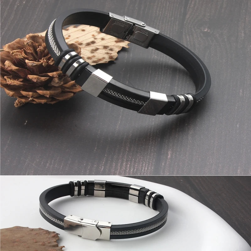 Bracelet en acier inoxydable et cuir siliconé