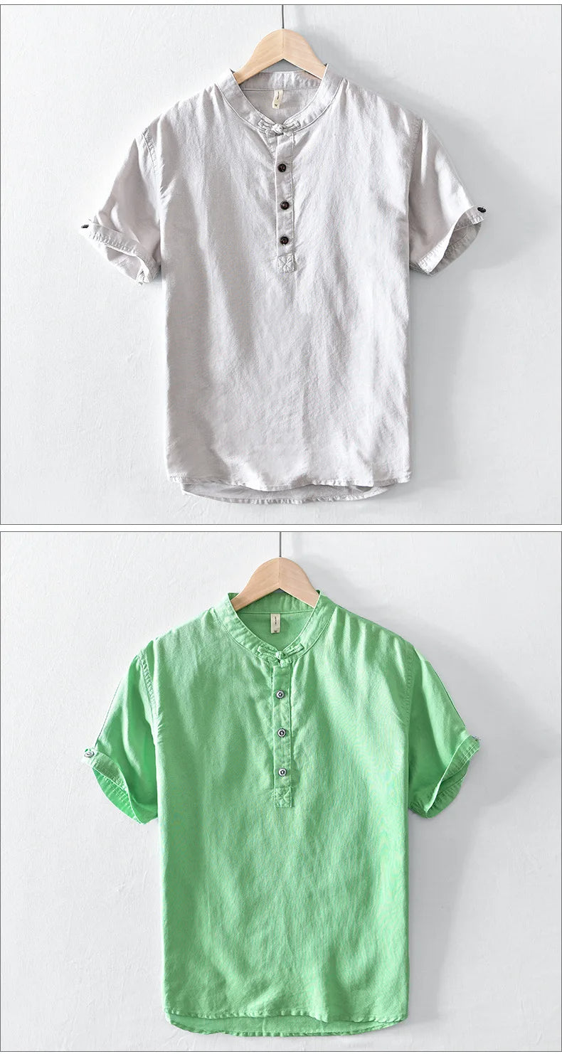 Chemise à manches courtes en coton et lin