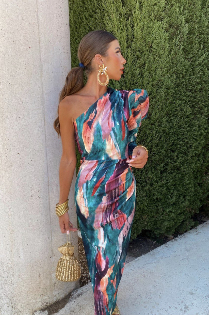 Elle - Purple Puff One-Shoulder Midi Dress