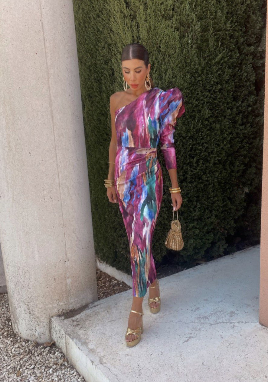 Elle - Purple Puff One-Shoulder Midi Dress