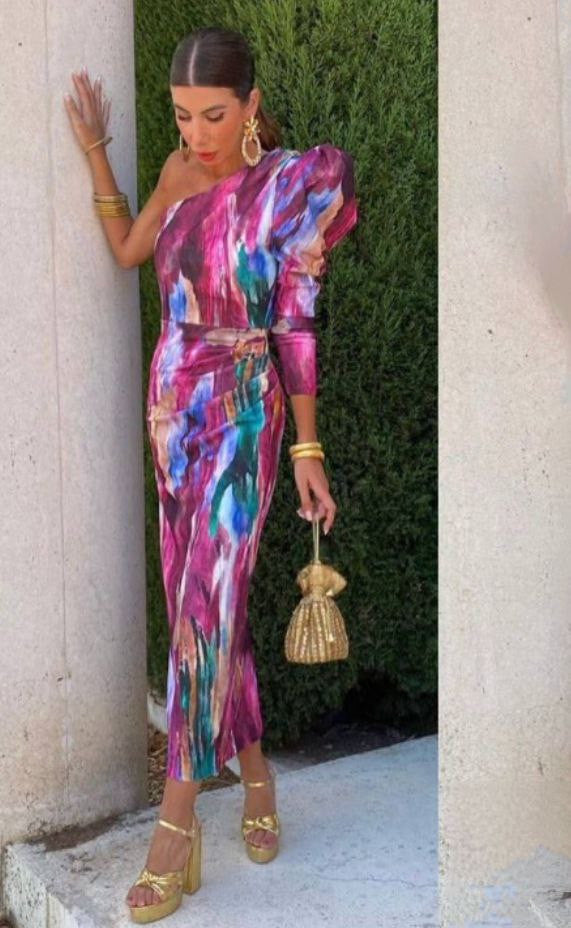 Elle - Purple Puff One-Shoulder Midi Dress