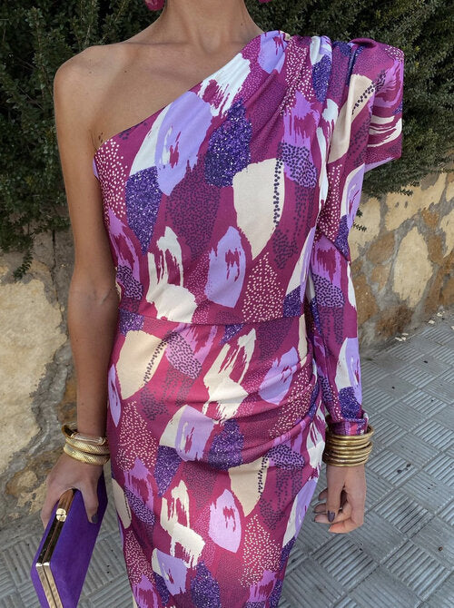 Elle - Purple Puff One-Shoulder Midi Dress