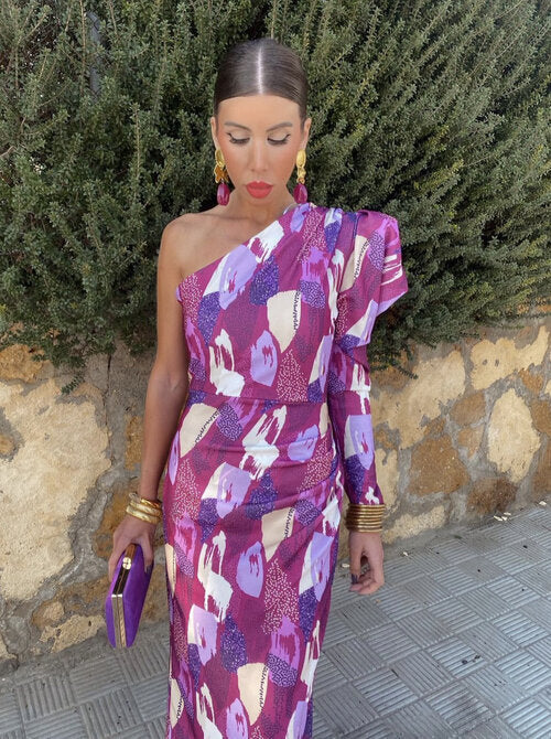 Elle - Purple Puff One-Shoulder Midi Dress