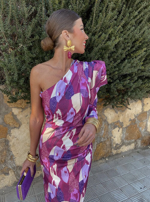 Elle - Purple Puff One-Shoulder Midi Dress